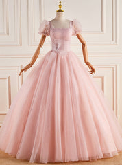 Pink Tulle Square Puff Sleeve Pleats Quinceanera Dresses