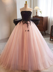 Pink Tulle Strapless Black Appliques Beading Prom Dresses