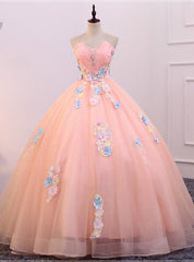 Pink Tulle Strapless Colorful Appliques Quinceanera Dresses