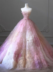 Pink Tulle Strapless Flower Prom Dresses