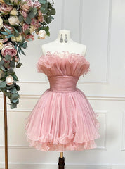 Pink Tulle Strapless Pleats Homecoming Dresses