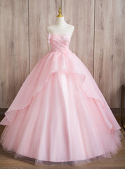 Pink Tulle Strapless Pleats Pearls Quinceanera Dress