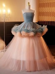 Pink Tulle Strapless Pleats Quinceanera Dresses