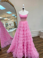 Pink Tulle Strapless Tiers Sequins Prom Dresses