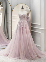 Pink Tulle Sweetheart Appliques Prom Dresses