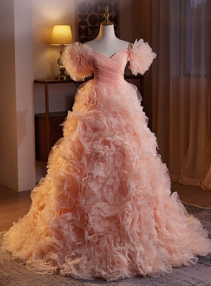 Pink Tulle Tiers Off the Shoulder Prom Dress