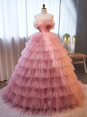 Pink Tulle Tiers Strapless Flower Prom Dresses