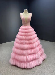 Pink Tulle Tiers V-neck Backless Beading Prom Dresses