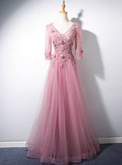 Pink Tulle V-neck Short Sleeve Appliques Beading Prom Dresses