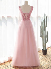 Pink Tulle V-neckline with Lace Long Party Dress, Pink Tulle Prom Dress