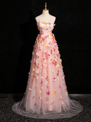 Pink Tulle with Flowers Sweetheart Straps Long Evening Dresses, Pink Tulle Prom Dresses