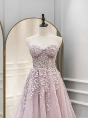 Pink Tulle with Lace Applique Long Party Dresses, Pink Sweetheart Prom Dresses