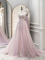 Pink Tulle with Lace Applique Long Party Dresses, Pink Sweetheart Prom Dresses