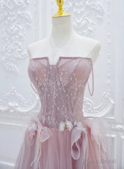 Pink Tulle with Lace  A-line Prom Dress, Pink Tulle Party Dress