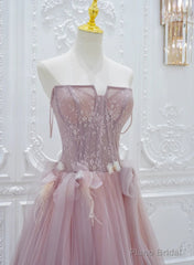 Pink Tulle with Lace  A-line Prom Dress, Pink Tulle Party Dress