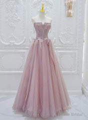 Pink Tulle with Lace  A-line Prom Dress, Pink Tulle Party Dress