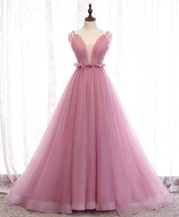 Pink V Neck Long Prom Dress, Aline Pink Formal Evening Dresses