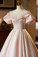 Pink V-Neck Satin A-Line Prom Dresses, Beautiful Short Sleeve Evening Party Dresses