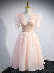 Pink V-neck Short Sleeve Appliques Beading Sequins Short Prom Dresses