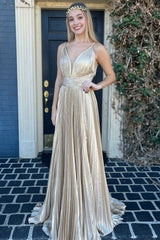 Plunging V-Neck Gold Pleated Long Prom Dress