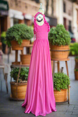 Plunging V-neck Ruffles Pleated Fuchsia Bridesmaid Dress With Silt