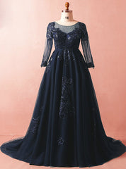 Plus Size Blue Tulle Appliques Long Sleeve Floor Length Prom Dresses