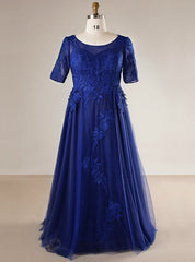 Plus Size Blue Tulle Appliques Short Sleeve Long Prom Dresses