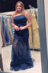 Plus Size Dark Blue One Shoulder Long Prom Dress