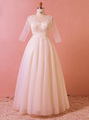 Plus Size Light Champagne Tulle Half Sleeve Backless Wedding Dresses