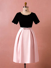 Plus Size Pink Black Satin Short Sleeve With Bow Short Prom Dresses