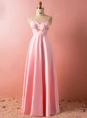 Plus Size Pink Spaghetti Straps Satin Backless Floor Length Prom Dresses