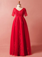 Plus Size Red Lace Tulle Short Sleeve V-neck Prom Dresses