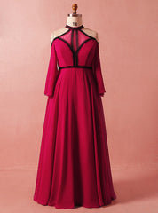 Plus Size Red Long Sleeve High Neck Backless High Waist Prom Dresses