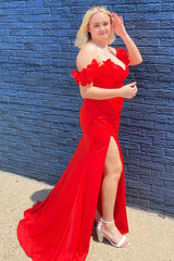 Plus Size Red Off The Shoulder Long Prom Dress with Slit