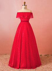 Plus Size Red Tulle Wave Point Off The Shoulder Floor Length Prom Dresses