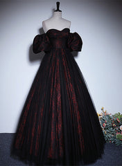 Pretty A-line Black and Red Lace Sweetheart Evening Dresses, Black and Red Prom Dresses