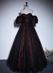 Pretty A-line Black and Red Lace Sweetheart Evening Dresses, Black and Red Prom Dresses