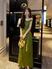 Pretty A line Off The Shoulder Satin Green Long Prom Dresses Satin Evening Gowns