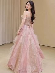 Pretty A Line Off The Shoulder Tulle Pink Floor Length Evening Dress Prom Dresses