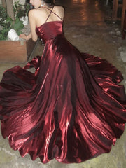 Pretty A Line Spaghetti Straps Burgundy Satin Prom Dresses Evening Gowns Birthday Dresses