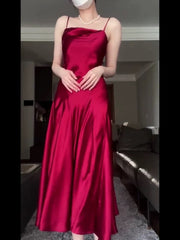 Pretty A Line Spaghetti Straps Red Satin Long Floor Length Prom Dresses