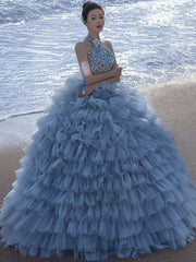 Pretty Ball Gown High Neckline Tulle Layers Long Blue Ruffles Prom Dresses Sweet 16 Dresses