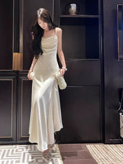 Pretty Mermaid Spaghetti Straps White Satin Prom Dresses Long Evening Gowns