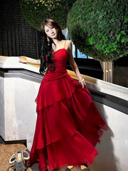 Pretty Sheath Spaghetti Straps Red Long Length Chiffon Prom Dresses Evening Gowns Birthday Dress