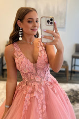 Princess A Line Deep V Neck Blush Long Prom Dress with Appliques