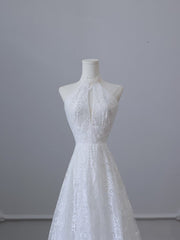 Princess A line High Neckline White Lace Long Wedding Dresses Brides Dress