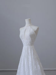 Princess A line High Neckline White Lace Long Wedding Dresses Brides Dress