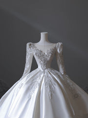 Princess Ball Gown Scoop Neckline Long Sleeves Pleats Beads White Satin Wedding Dresses