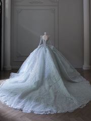 Princess Ball Gown Scoop Neckline Long Sleeves Sequin Light Sky Blue Long Wedding Dresses Brides Dresses