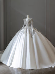 Princess Ball Gown V Neckline Long Sleeves Pleats Beads White Satin Wedding Dresses